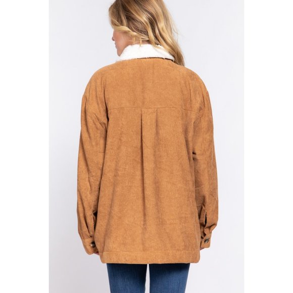 Camel Long Sleeve Inside Faux Fur with Pocket Corduroy Sherpa Jacket NWT - Picture 5 of 7